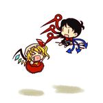 &gt;_&lt; :d asymmetrical_wings black_hair blonde_hair chibi closed_eyes flandre_scarlet flying heart heart_in_mouth houjuu_nue multiple_girls open_mouth polearm simple_background smile socha touhou trident v-shaped_eyebrows weapon wings xd |_| 