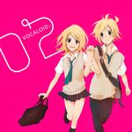  1girl bag brother_and_sister holding_hands kagamine_len kagamine_rin nagi_kanami school_uniform siblings sweater_vest twins vocaloid 