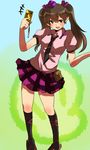  1girl :d bad_id bad_pixiv_id brown_eyes brown_hair cellphone checkered checkered_skirt geta hat himekaidou_hatate legs necktie open_mouth phone pun2 skirt smile solo tokin_hat touhou twintails 