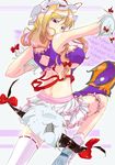  back blonde_hair bow breasts cheerleader gap hair_bow hat initial_f kedama large_breasts long_hair looking_back purple_eyes skirt solo thighhighs touhou white_legwear yakumo_yukari 