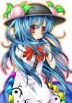  bad_id bad_pixiv_id beni0012 blue_hair brown_eyes food fruit hat highres hinanawi_tenshi long_hair peach red_eyes solo touhou 