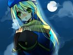  1girl akira_kichi arc_system_works beret blazblue blonde_hair breath female green_eyes hat long_hair moon night noel_vermillion outdoors sky solo 