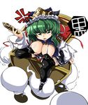  bikini black_legwear breasts cleavage covered_nipples curvy frills from_above garters ghost green_eyes green_hair hat large_breasts micro_bikini open_mouth ribbon rod_of_remorse shiki_eiki shiny shiny_clothes short_hair sitting solo sugiura swimsuit thighhighs touhou zettai_ryouiki 