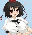  black_hair blush breasts fang hat large_breasts looking_at_viewer open_mouth oro_(zetsubou_girl) red_eyes shameimaru_aya smile solo tokin_hat touhou 