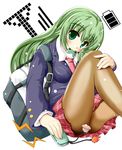  bag blazer cellphone cellphone_radio_bar frog green_eyes green_hair hiiragi_tomoka jacket kochiya_sanae long_hair necktie pantyhose phone plaid plaid_skirt pyonta skirt solo touhou ufo 