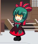  :d animated animated_gif arms_behind_back blush_stickers dress front_ponytail green_hair hair_ribbon kagi kagiyama_hina lowres open_mouth ribbon smile solo swaying touhou |_| 