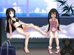  akiyama_mio bad_id bad_pixiv_id bag barefoot bikini black_eyes black_hair brown_eyes couch feet highres hime_cut k-on! long_hair multiple_girls nakano_azusa pillow plant socks stuffed_animal stuffed_toy swimsuit teddy_bear twintails window yuragi_(amriel) 