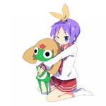  blue_eyes bow crossover hair_bow hiiragi_tsukasa hug kanikama keroro keroro_gunsou lucky_star one_eye_closed pleated_skirt purple_hair ryouou_school_uniform school_uniform seiza serafuku short_hair simple_background sitting skirt smile socks solo star tareme yellow_bow 