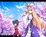  animal_ears ayaya blonde_hair blue_eyes brown_eyes brown_hair cat_ears cat_tail chen cherry_blossoms earrings fox_tail ghost hat highres jewelry konpaku_youmu konpaku_youmu_(ghost) long_hair multiple_girls multiple_tails pink_hair saigyouji_yuyuko short_hair silver_hair tail touhou yakumo_ran yakumo_yukari 