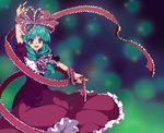  bad_id bad_pixiv_id bow dress frills front_ponytail green_eyes green_hair hair_bow hair_ribbon kagiyama_hina kamome ribbon solo touhou 