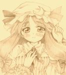  blush colored_pencil_(medium) crescent frills hand_on_own_chest hat long_hair lowres momobi_ran monochrome patchouli_knowledge ribbon sepia solo striped touhou traditional_media 