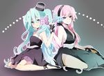  aqua_eyes aqua_hair bad_id bad_pixiv_id bisuko_(bisco_mm) blue_eyes butterfly_hair_ornament butterfly_wings dress fingerless_gloves gloves hair_ornament hat hatsune_miku headphones headset holding_hands long_hair magnet_(vocaloid) megurine_luka mini_hat mini_top_hat multiple_girls pink_hair sitting smile top_hat twintails vocaloid wings 