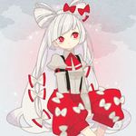  alternate_hairstyle bow fujiwara_no_mokou gozen4ji hair_bow hair_ornament long_hair pants red_eyes ribbon shirt silver_hair sitting solo suspenders touhou very_long_hair white_hair 