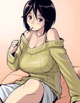  arm_support bare_shoulders blush breasts brown_eyes brown_hair casual food large_breasts mouth_hold older pocky rozen_maiden short_hair sitting solo souseiseki sweater tsuda_nanafushi 