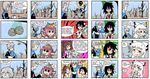  1boy 4koma 5girls :t animal_ears asphyxiation bird_feeding black_hair black_wings blue_eyes bow braid brown_hair choking cigarette comic commentary cup eating finnish fujiwara_no_mokou glasses hand_in_pocket hat heart heart_hands highres himekaidou_hatate long_hair morichika_rinnosuke multiple_4koma multiple_girls mystia_lorelei o_o pants ponytail purple_eyes purple_hair red_eyes reiuji_utsuho ribbon setz shameimaru_aya short_hair skirt skull tokin_hat touhou trait_connection translated turn_pale twin_braids very_long_hair white_hair wings yellow_eyes 