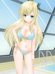  bikini blonde_hair blue_bikini blue_eyes blush boku_wa_tomodachi_ga_sukunai breasts butterfly_hair_ornament cameltoe cleavage collarbone front-tie_top hair_ornament hand_on_hip highres indoors kashiwazaki_sena long_hair medium_breasts navel pool pool_ladder poolside rei_no_pool side-tie_bikini smile solo stoic_(symbolic) strap_gap swimsuit window 