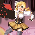  1other blonde_hair blush breast_biting breasts charlotte_(madoka_magica) fingerless_gloves gloves hat mahou_shoujo_madoka_magica medium_breasts nekomanma_(byougatei) neutral_end open_mouth skirt thighhighs tomoe_mami yellow_eyes yuri 