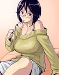  arm_support bare_shoulders bespectacled blush breasts brown_eyes brown_hair casual food glasses large_breasts mouth_hold older pocky rozen_maiden short_hair sitting solo souseiseki sweater tsuda_nanafushi 