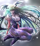  absurdres animal_print aqua_hair auge_(akd) bare_shoulders bat_print bat_wings boots breasts cleavage demon_girl head_wings high_heels highleg highleg_leotard highres large_breasts leotard long_hair md5_mismatch morrigan_aensland pantyhose print_legwear shoes solo succubus vampire_(game) very_long_hair wings yellow_eyes 