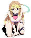  ahoge arm_support between_breasts blonde_hair blue_hair breasts cleavage large_breasts leaning_forward long_hair milla_maxwell multicolored_hair red_eyes ribonzu smile solo strapless tales_of_(series) tales_of_xillia teepo_(tales) tubetop 