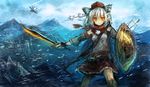  aircraft airplane animal_ears detached_sleeves fighter_jet hat highres inubashiri_momiji jet lm7_(op-center) military military_vehicle scarf shield shirt short_hair silver_hair skirt solo sword tokin_hat touhou weapon wolf_ears yellow_eyes 