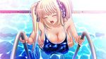  blonde_hair blush breast_grab breasts cleavage eyes_closed from_behind grabbing hand_under_clothes hands_under_clothes hands_under_clothing huge_breasts kyonyuu_majo one-piece_swimsuit open_mouth pleasure_face pool saliva swimsuit tenma_cecile tongue twintails waffle wet 