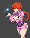  attp aura bad_id bad_pixiv_id breasts cleavage cleavage_cutout covered_nipples earrings hair_over_eyes highres jewelry large_breasts miniskirt ponytail red_hair shermie simple_background skirt solo the_king_of_fighters thick_thighs thighs 
