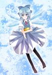  bad_id bad_pixiv_id black_legwear blue_eyes blue_hair cirno dress feet food fruit highres kazuki_shino pantyhose puffy_sleeves short_hair solo touhou wings 