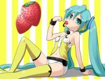  aqua_eyes aqua_hair arm_support bad_id bad_pixiv_id bare_shoulders belt bracelet collar eating food fruit hatsune_miku headset jewelry long_hair navel necktie nekokana project_diva_(series) project_diva_2nd shorts sitting solo strawberry striped striped_background thighhighs twintails very_long_hair vocaloid vocaloid_(lat-type_ver) yellow yellow_(vocaloid) yellow_legwear 