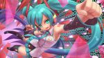  aqua_eyes aqua_hair detached_sleeves foreshortening hatsune_miku headset long_hair necktie open_mouth skirt solo thighhighs tsukigami_chronica twintails very_long_hair vocaloid 