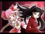  black_hair bow bow_(weapon) choker command_spell crossover fate/stay_night fate_(series) hair_bow hair_ribbon kaname_madoka magical_girl mahou_shoujo_madoka_magica moyashi_koubou multiple_girls pink_eyes pink_hair puffy_sleeves purple_eyes ribbon short_twintails toosaka_rin turtleneck twintails two_side_up weapon weapon_connection 