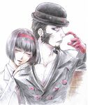  1girl black_hair blue_eyes blush bob_cut bowler_hat chest_hair closed_eyes colored_pencil_(medium) earrings facial_hair facial_mark gloves goatee hairband hat jake_martinez jewelry kriem necktie short_hair sideburns stenlesskeeve tattoo tears tiger_&amp;_bunny traditional_media younger 