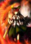  am24 bow breasts brown_hair cape glowing glowing_eyes hair_bow hair_ornament highres long_hair medium_breasts red_eyes reiuji_utsuho skirt solo touhou wings 