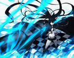  bikini_top black_gloves black_hair black_rock_shooter black_rock_shooter_(character) blue_eyes blue_fire boots burning_eye checkered checkered_floor coat fire foreshortening garuku gloves glowing glowing_eye long_hair midriff navel pale_skin scar shorts solo standing sword twintails very_long_hair weapon 