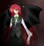  amputee bad_id bad_pixiv_id bat_wings dress_shirt evil_grin evil_smile grin hair_over_one_eye head_wings k285k koakuma long_hair long_sleeves red_eyes red_hair ribbon self-mutilation severed_arm severed_hand severed_limb shirt skirt smile solo spoilers touhou vest wings 