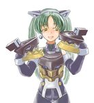  armor blush female girl gold_eyes green_hair katatuki open_mouth smile yellow_eyes 