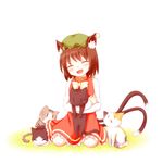  :3 animal_ears bita blush brown_hair cat cat_ears cat_tail chen closed_eyes earrings fang hat hug jewelry kneeling multiple_tails short_hair smile solo tail touhou |_| 
