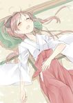  black_ribbon blush closed_eyes hair_ribbon hakama japanese_clothes kimono long_hair lying mahou_shoujo_madoka_magica mijinkouka miko on_back open_mouth ponytail red_hair red_hakama ribbon sakura_kyouko sketch sleeping solo tatami unknown_artist_of_2ch_sakura_kyouko_thread 