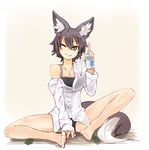  animal_ears arm_support bad_id bad_pixiv_id bare_shoulders barefoot between_legs black_hair blush breasts can cleavage full_body ganesagi hand_between_legs head_tilt highres medium_breasts nanashi_(ganesagi) one_eye_closed original pointing shirt_slip short_hair simple_background sitting slit_pupils smile soda_can solo spread_legs tail yellow_eyes 
