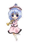  asahana_jun blue_eyes blue_hair chibi hat instrument merlin_prismriver short_hair solo touhou trumpet 