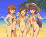  beach blue_hawaii breasts brown_eyes brown_hair cameltoe cleavage groin hat ishida_yuki kasuga_(kasuga39) medium_breasts multiple_girls navel ocean power_pro_kun_pocket power_pro_kun_pocket_1 revision shindou_asuka_(power_pocket) short_hair slingshot_swimsuit straw_hat sun_hat swimsuit tropical_drink yomichi_satomi 