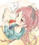  bare_legs black_ribbon bow collarbone couch crossed_legs denim denim_shorts eating food from_above from_behind hair_bow hair_ribbon hood hoodie kyubey long_hair mahou_shoujo_madoka_magica mijinkouka ponytail popsicle red_eyes red_hair ribbon sakura_kyouko shorts sitting sketch thighs unknown_artist_of_2ch_sakura_kyouko_thread watermelon_bar 