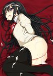  after_sex akemi_homura ass bdsm black_hair black_legwear blush bondage bound bound_arms cum cum_in_mouth cum_on_ass cum_on_body cum_on_hair cum_on_lower_body cum_on_upper_body facial hairband highres kamata_yuuya long_hair lying mahou_shoujo_madoka_magica no_pants on_side panties panties_under_pantyhose panty_pull pantyhose pantyhose_pull petite purple_eyes restrained school_uniform solo underwear 