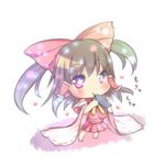  amatsuki_hotaru brown_hair chibi eating fish hair_ribbon hair_tubes hakurei_reimu highres red_eyes ribbon solo touhou 