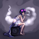  1girl bad_deviantart_id bad_id bare_shoulders barefoot blue_hair cigarette dj_pon3 eyewear_on_head headphones highres lips musical_note my_little_pony my_little_pony_friendship_is_magic personification red_eyes short_hair sitting smoke smoking solo speaker sunglasses tattoo 