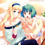  absurdres ahoge animal barefoot blonde_hair blue_eyes blush brown_eyes dress fujisawa_machi happy heart highres jewelry long_hair macross macross_frontier macrossky multiple_girls nail_polish necklace ranka_lee sheryl_nome short_hair sleeping smile thighhighs 