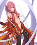  bare_shoulders breasts center_opening cleavage detached_sleeves fingerless_gloves gloves guilty_crown highres leotard long_hair navel pink_hair red_eyes red_leotard small_breasts solo thighhighs twintails willgoon yuzuriha_inori 