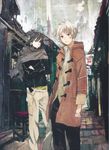  2boys absurdres albino building city coat crossed_arms facial_mark grey_eyes highres jacket male male_focus multiple_boys nezumi_(no.6) no.6 official_art red_eyes road scarf shion_(no.6) shirt short_hair short_ponytail sion_(no.6) street toi8 white_hair 