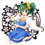  barefoot blue_eyes daiyousei flower full_body green_hair hair_ribbon highres manjyuuya ribbon side_ponytail simple_background solo touhou wings 