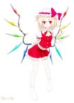  absurdres arms_behind_back bare_legs blonde_hair bobby_socks flandre_scarlet frilled_legwear frills hat hat_ribbon highres no_shoes oouso open_mouth red_eyes ribbon shirt side_ponytail simple_background skirt skirt_set socks solo touhou white_legwear wings 